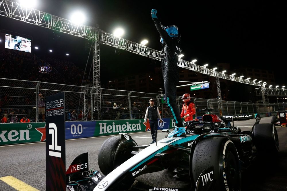 George Russell, Mercedes-AMG F1 Team, 1st position, celebrates on arrival in Parc Ferme
