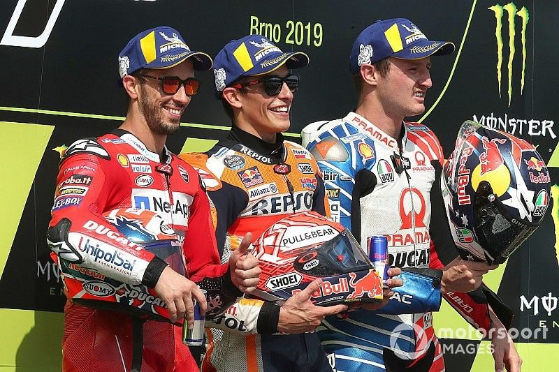 Podio: ganador Marc Márquez, Repsol Honda Team, segundo clasificado Andrea Dovizioso, Ducati Team, tercer clasificado Jack Miller, Pramac Racing