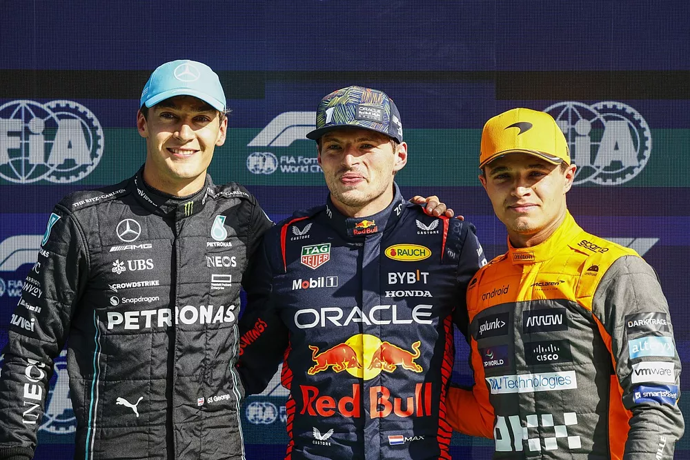 George Russell, Mercedes-AMG, pole man Max Verstappen, Red Bull Racing, Lando Norris, McLaren