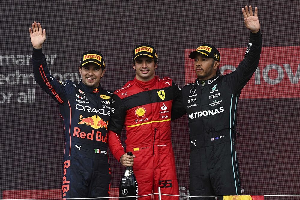 Sergio Perez, Red Bull Racing, 2nd position, Carlos Sainz, Ferrari, 1st position, Lewis Hamilton, Mercedes-AMG, 3rd position