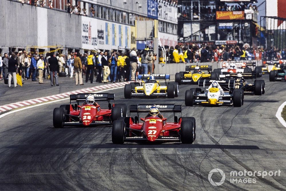 Michele Alboreto, Ferrari 126C4, leads René Arnoux, Ferrari 126C4, Keke Rosberg, Williams FW09 Honda, Derek Warwick, Renault RE50, Elio de Angelis, Lotus 95T Renault, and Manfred Winkelhock, ATS D7 BMW, at the start