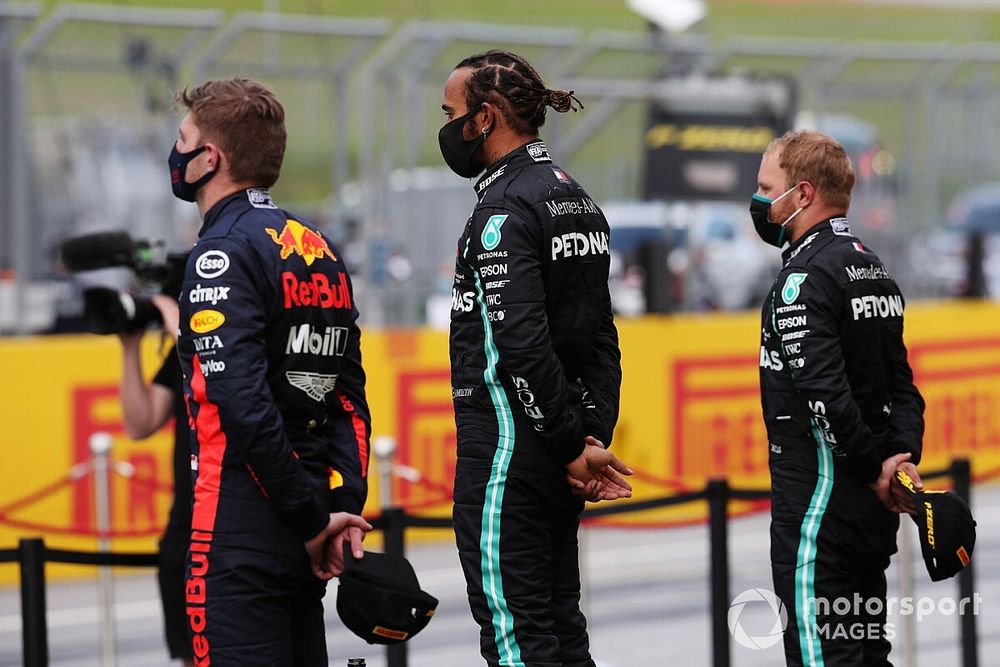 Lewis Hamilton, Mercedes-AMG Petronas F1, Valtteri Bottas, Mercedes-AMG Petronas F1 and Max Verstappen, Red Bull Racing on the podium