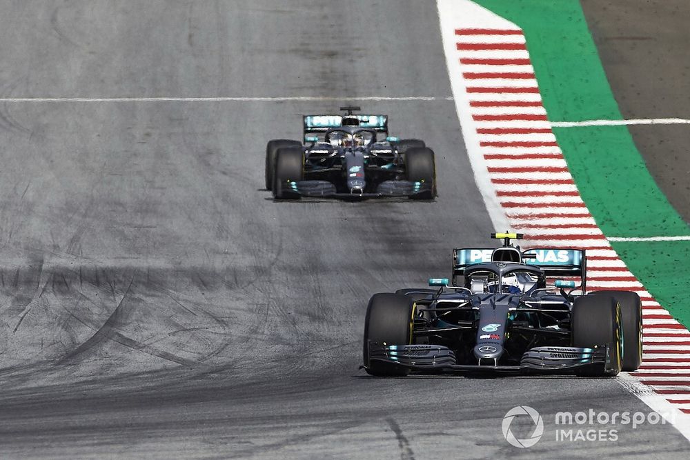 Valtteri Bottas, Mercedes AMG W10, leads Lewis Hamilton, Mercedes AMG F1 W10