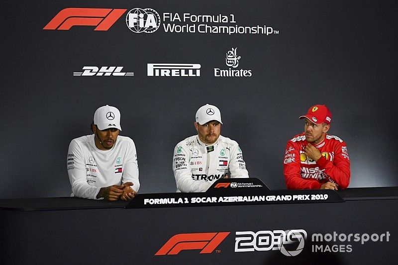 Lewis Hamilton, Mercedes AMG F1, pole man Valtteri Bottas, Mercedes AMG F1, and Sebastian Vettel, Ferrari, in the post Qualifying Press Conference