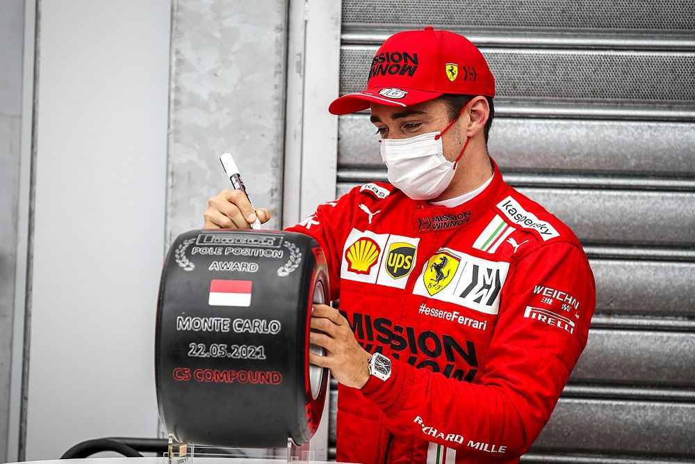 Charles Leclerc, Ferrari, signs the Pirelli Pole Position award