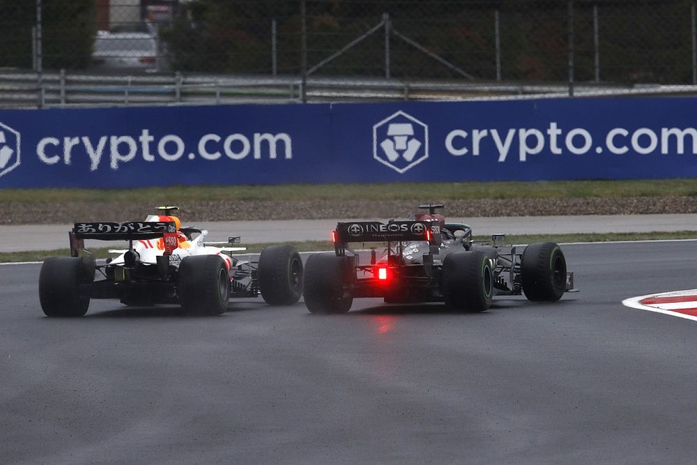 Lewis Hamilton, Mercedes W12, battles with Sergio Perez, Red Bull Racing RB16B