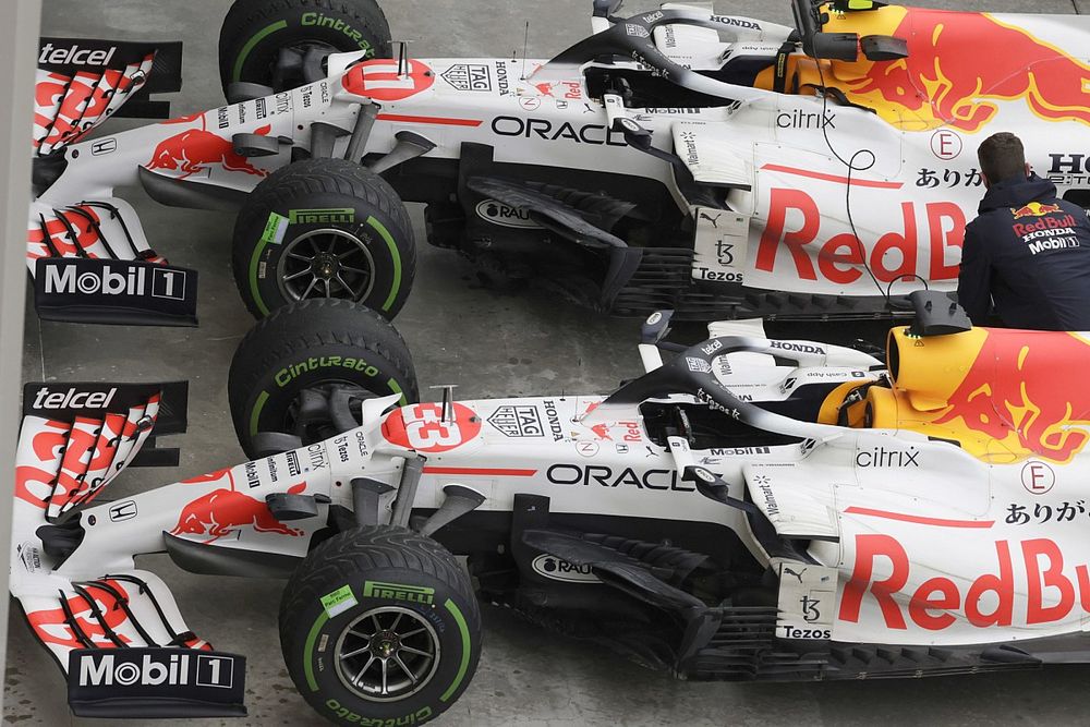 The cars of Max Verstappen, Red Bull Racing RB16B, 2nd position, and Sergio Perez, Red Bull Racing RB16B, 3rd position, in Parc Ferme