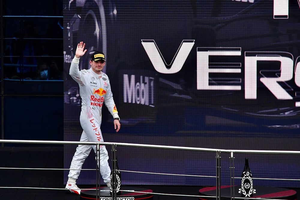 Max Verstappen, Red Bull Racing, 2nd position, arrives on the podium