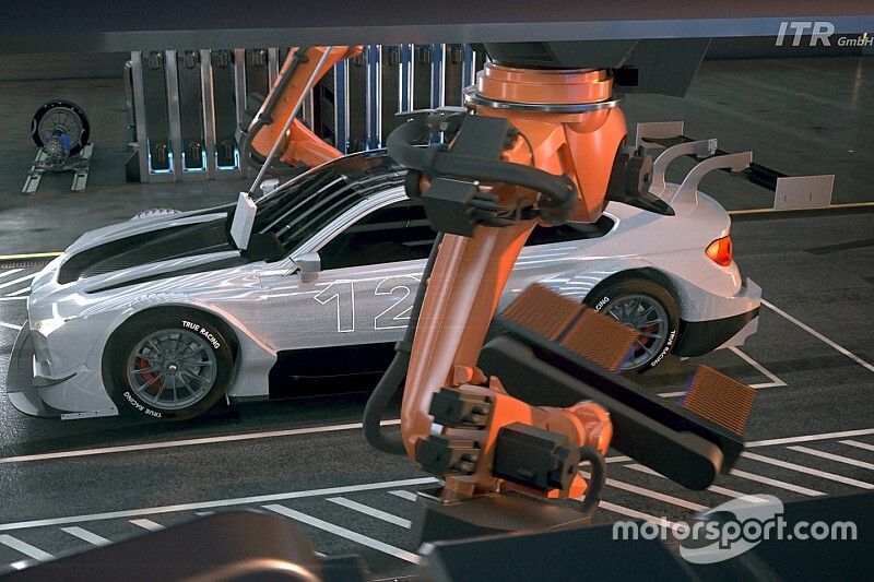 Industrial robots will effortlessly remove and replace the car’s underbody battery pack during the mandatory pit-stops