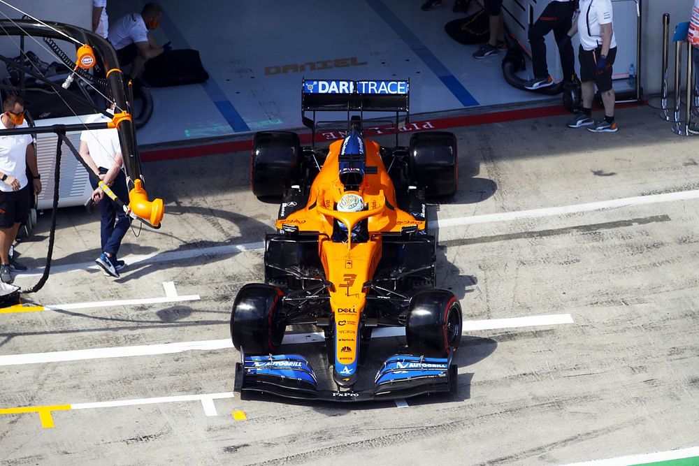 Daniel Ricciardo, McLaren MCL35M, leaves the garage