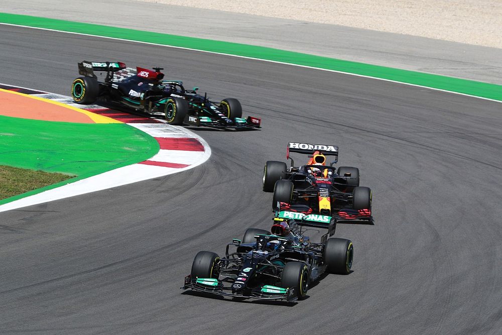 Valtteri Bottas, Mercedes W12, Max Verstappen, Red Bull Racing RB16B, and Lewis Hamilton, Mercedes W12