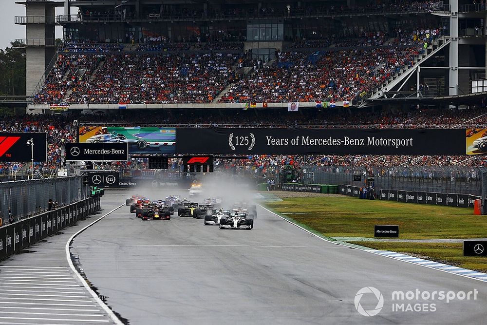 Lewis Hamilton, Mercedes AMG F1 W10 leads Valtteri Bottas, Mercedes AMG W10 and Max Verstappen, Red Bull Racing RB15 at the start of the race