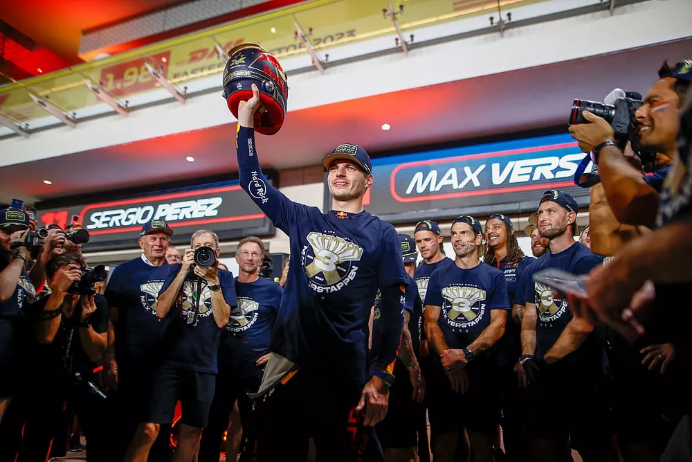 Max Verstappen, Red Bull Racing, celebrates with his team after securing the 2023 world drivers championship title