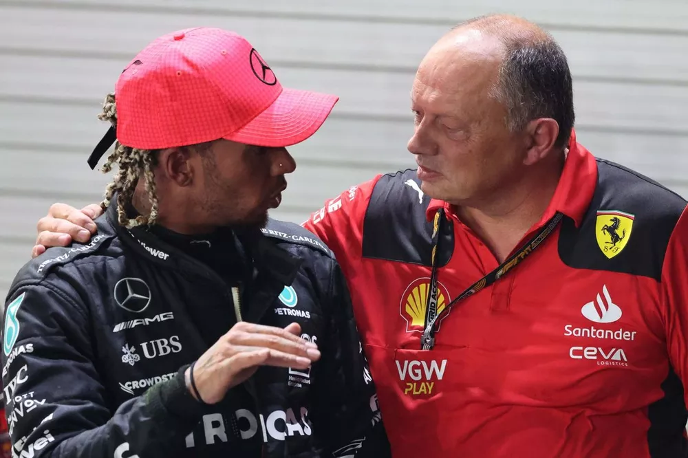 Lewis Hamilton, Mercedes-AMG, 3rd position, Frederic Vasseur, Team Principal and General Manager, Scuderia Ferrari, talk after the race