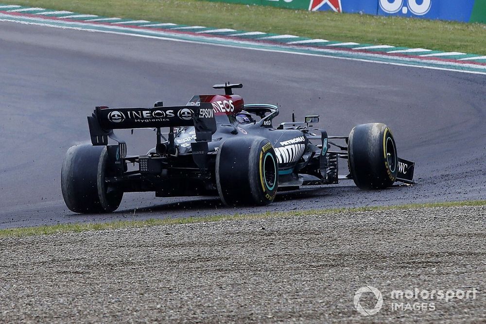 Lewis Hamilton, Mercedes W12, rejoins after an off