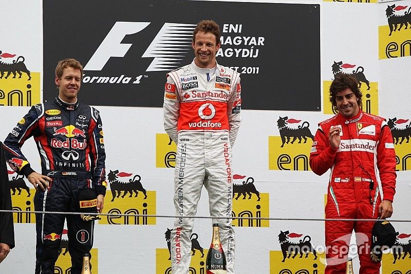 Podium: second place Sebastian Vettel, Red Bull Racing, Race winner Jenson Button, McLaren, third pl