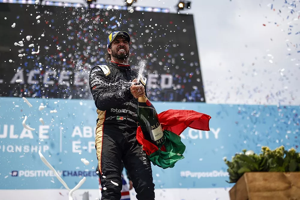 Antonio Felix da Costa, DS Techeetah, third position, sprays Champagne from the podium