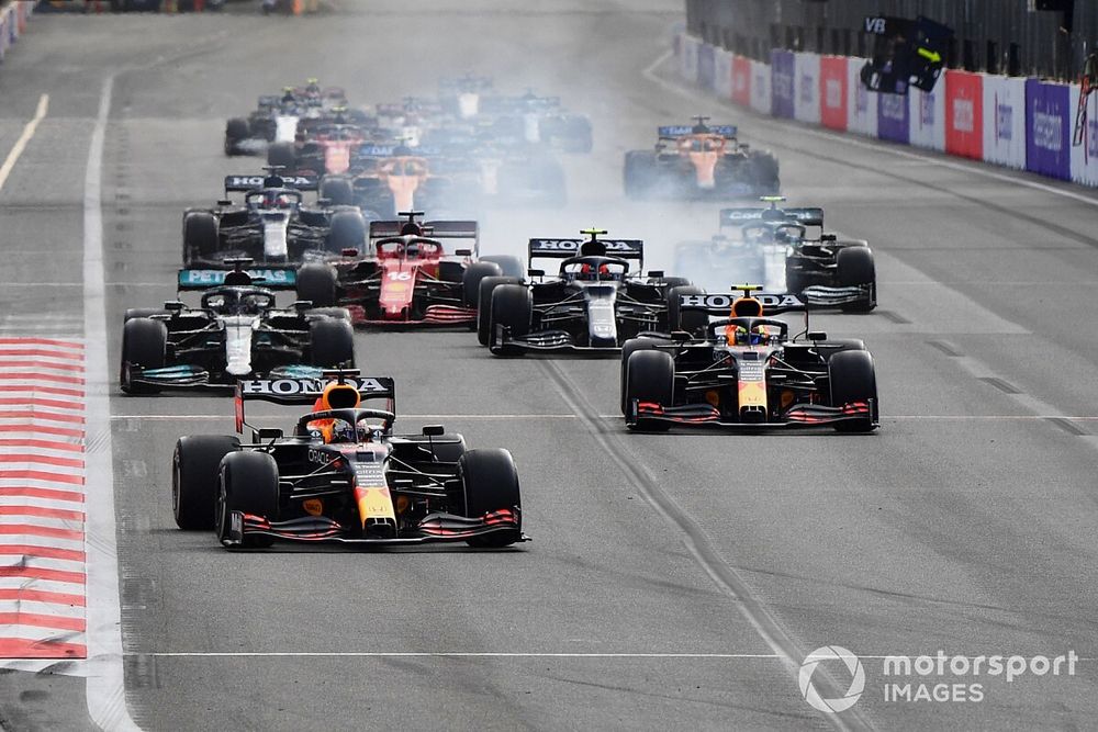 Max Verstappen, Red Bull Racing RB16B, Sergio Perez, Red Bull Racing RB16B, Lewis Hamilton, Mercedes W12, Pierre Gasly, AlphaTauri AT02, and Charles Leclerc, Ferrari SF21