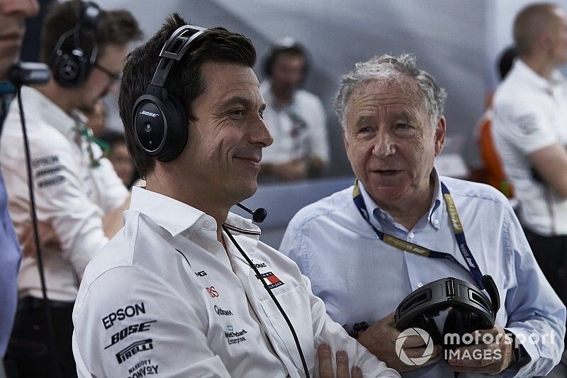 Toto Wolff, Executive Director (Business), Mercedes AMG, watches Qualifying with Jean Todt, President, FIA