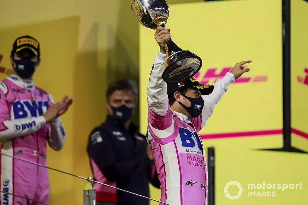  Sergio Perez, Racing Point festeggia la vittoria sul podio