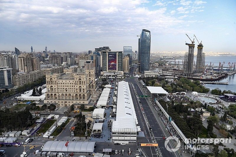 An aerial view of the pit straight, pit lane and surrounding buildings