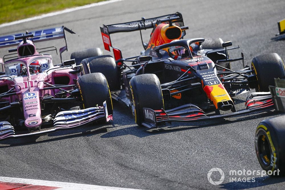 Max Verstappen, Red Bull Racing RB16, battles with Sergio Perez, Racing Point RP20