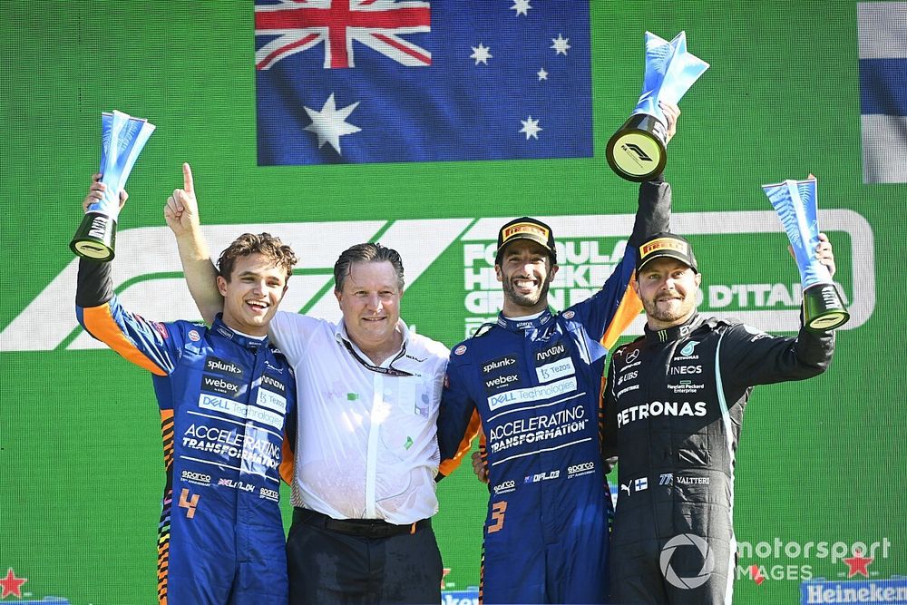 1st place Daniel Ricciardo, McLaren 2nd Lando Norris, McLaren 3rd Valtteri Bottas, Mercedes on the podium