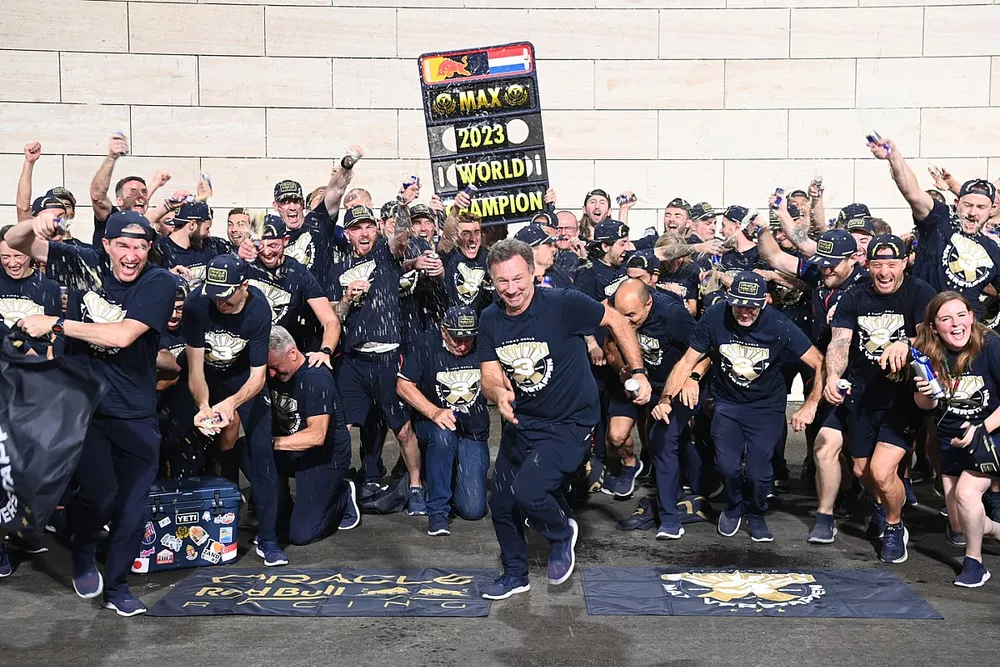 Max Verstappen, Red Bull Racing, Christian Horner, Team Principal, Red Bull Racing, Adrian Newey, Chief Technology Officer, Red Bull Racing, the Red Bull Racing team celebrate after securing the 2023 drivers world championship