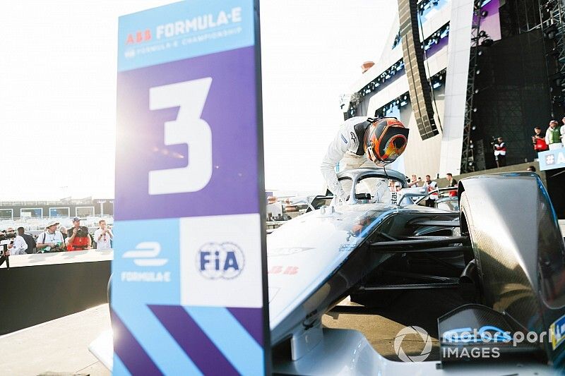 Stoffel Vandoorne, Mercedes Benz EQ, EQ Silver Arrow 01 climbs out of his car on the podium