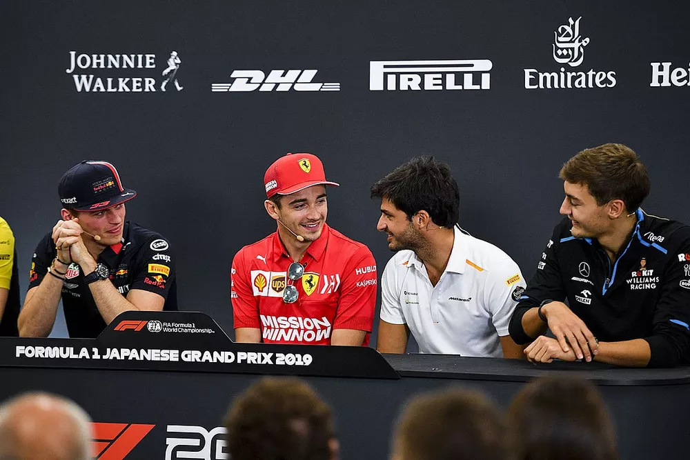 Max Verstappen, Red Bull Racing, Charles Leclerc, Ferrari, Carlos Sainz Jr., McLaren and George Russell, Williams Racing in the Press Conference 