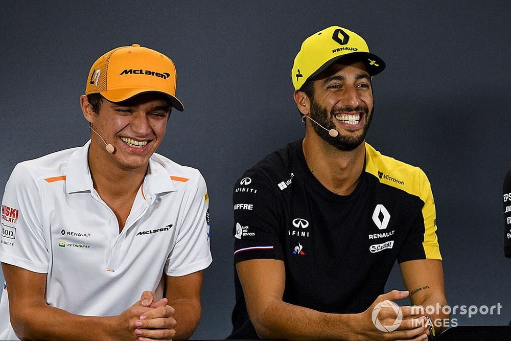 Lando Norris, McLaren, Daniel Ricciardo, Renault F1 Team and Lewis Hamilton, Mercedes AMG F1 in the Press Conference 