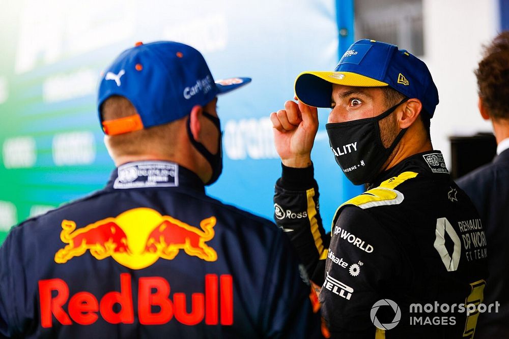 Max Verstappen, Red Bull Racing, 2nd position, and Daniel Ricciardo, Renault F1, 3rd position, in Parc Ferme