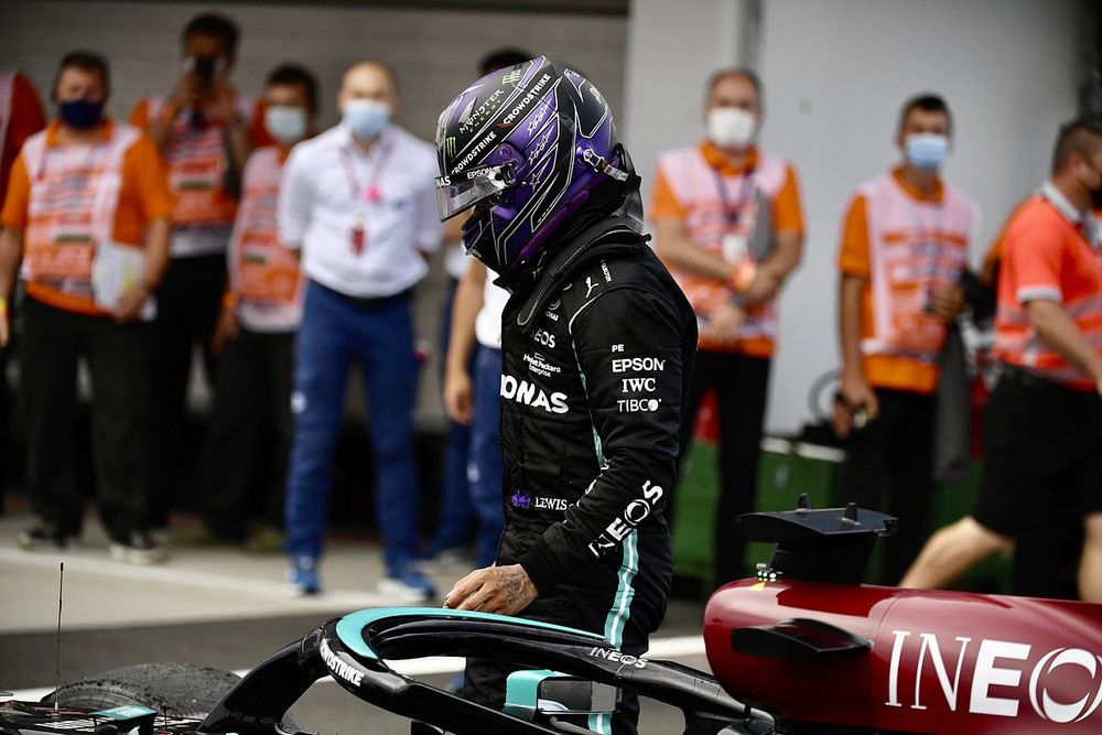 Lewis Hamilton, Mercedes, 3rd position, arrives in Parc Ferme