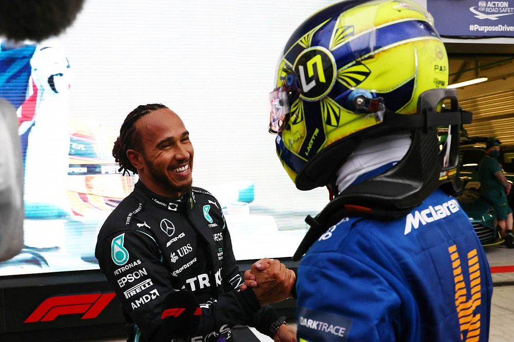 Lando Norris, McLaren, congratulates Lewis Hamilton, Mercedes, 1st position, in Parc Ferme