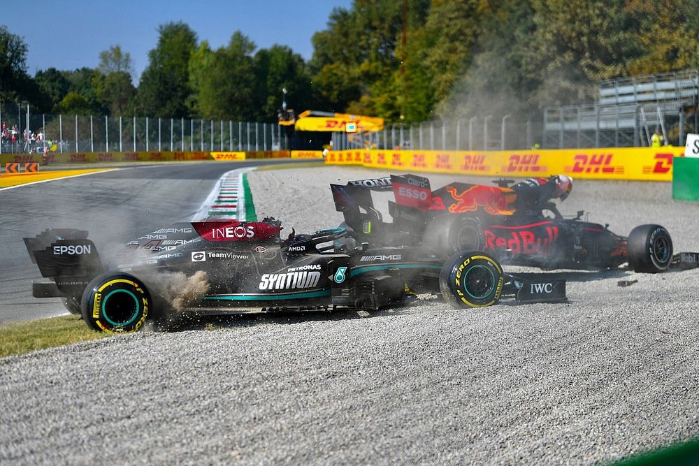 Lewis Hamilton, Mercedes W12 and Max Verstappen, Red Bull Racing RB16B collide