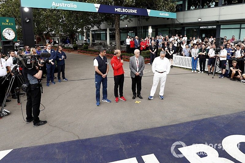 Michael Masi, Race Director, Andrew Westacott, Australian Grand Prix Corporation CEO and Chase Carey, Chairman, Formula 1 talks to the press 