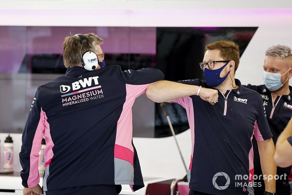 Otmar Szafnauer, Team Principal and CEO, Racing Point, celebrates with his team