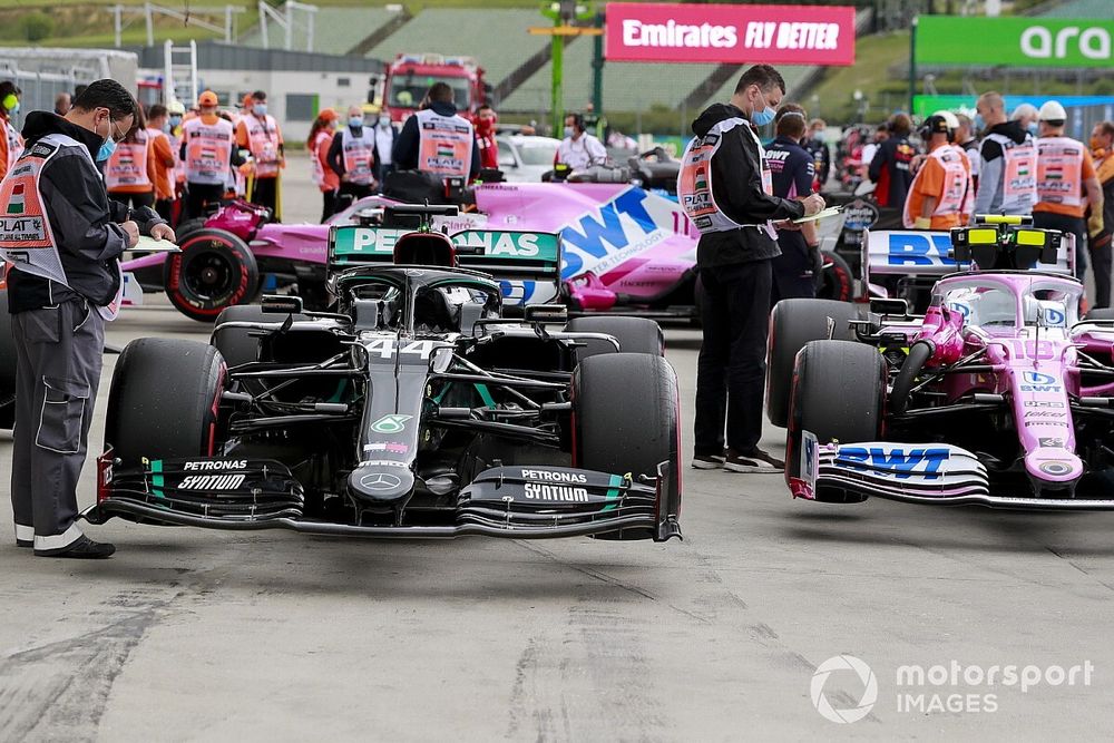 The cars of Lewis Hamilton, Mercedes F1 W11, and Lance Stroll, Racing Point RP20, in Parc Ferme after Qualifying