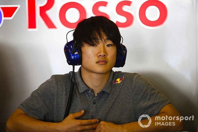 Formula 3 racer Yuki Tsunoda in the Toro Rosso garage