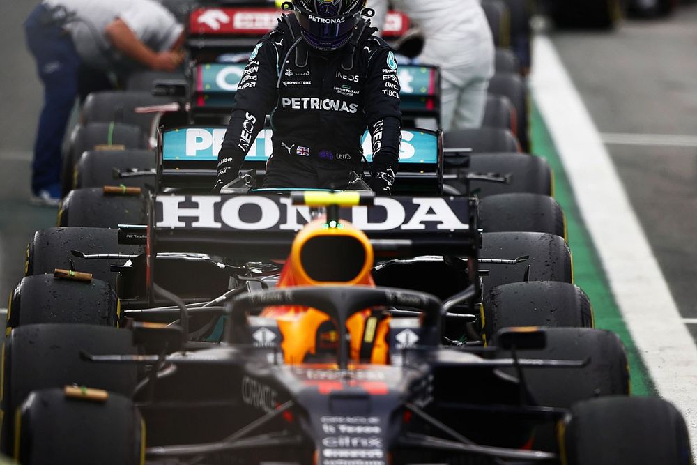 Lewis Hamilton, Mercedes, arrives in Parc Ferme after the Sprint