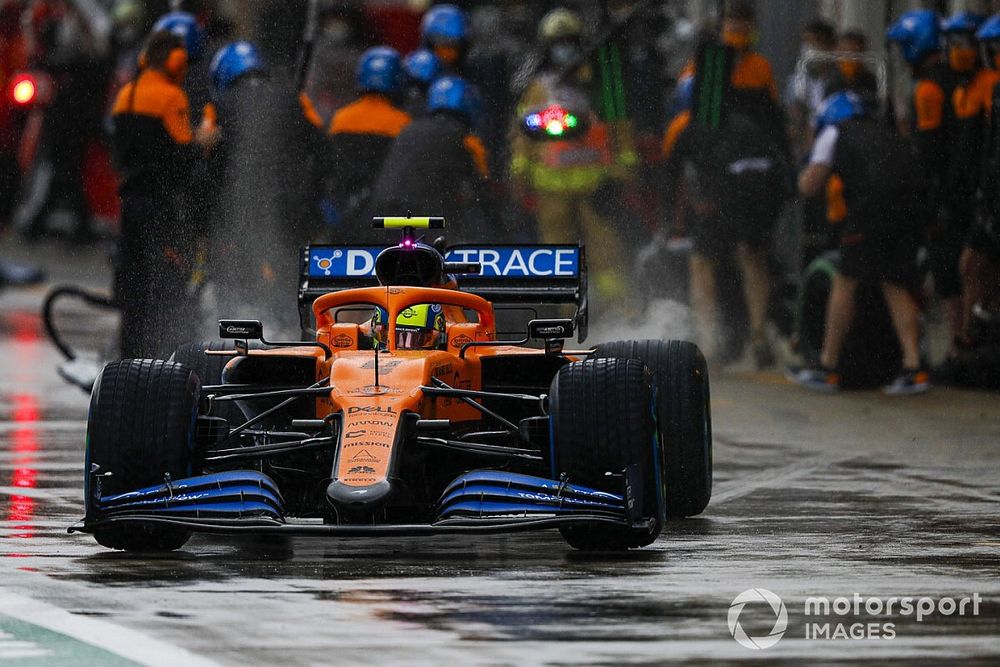 Lando Norris, McLaren MCL35, leaves his pit box after a stop