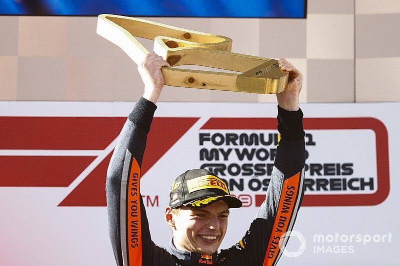 Max Verstappen, Red Bull Racing, 1st position, celebrates on the podium