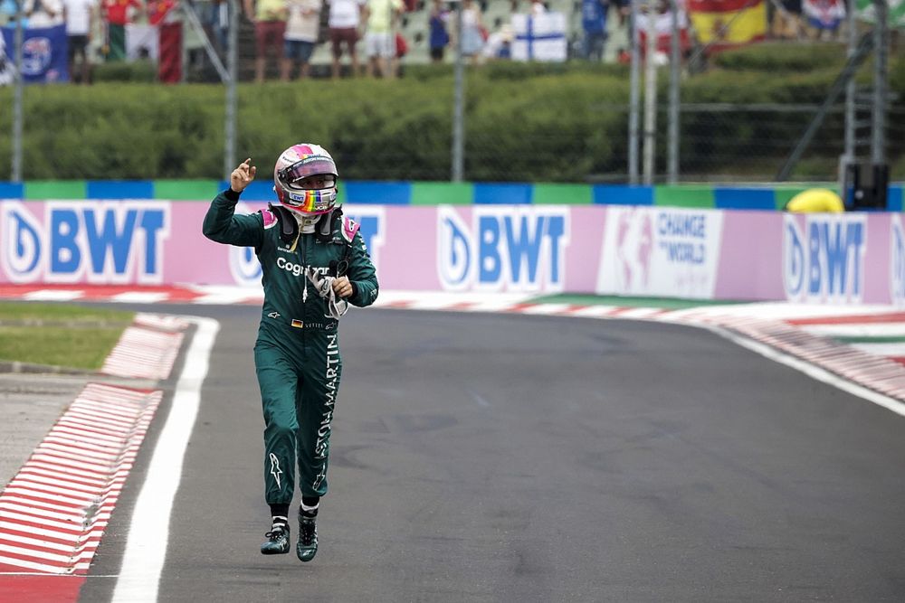 Sebastian Vettel, Aston Martin, 2nd position, arrives in Parc Ferme on foot