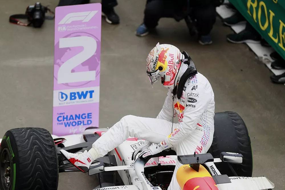 Max Verstappen, Red Bull Racing, 2nd position, arrives in Parc Ferme