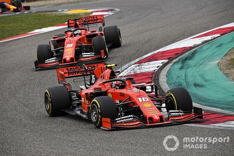 Charles Leclerc, Ferrari SF90, leads Sebastian Vettel, Ferrari SF90