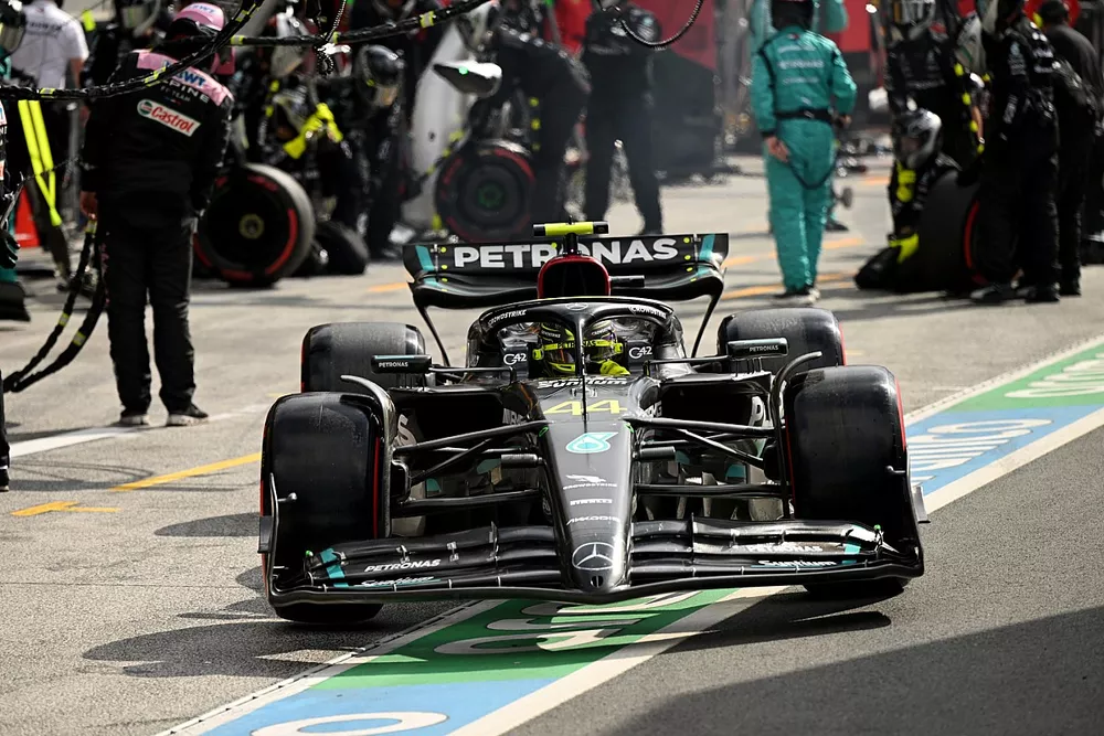Lewis Hamilton, Mercedes F1 W14, makes a stop