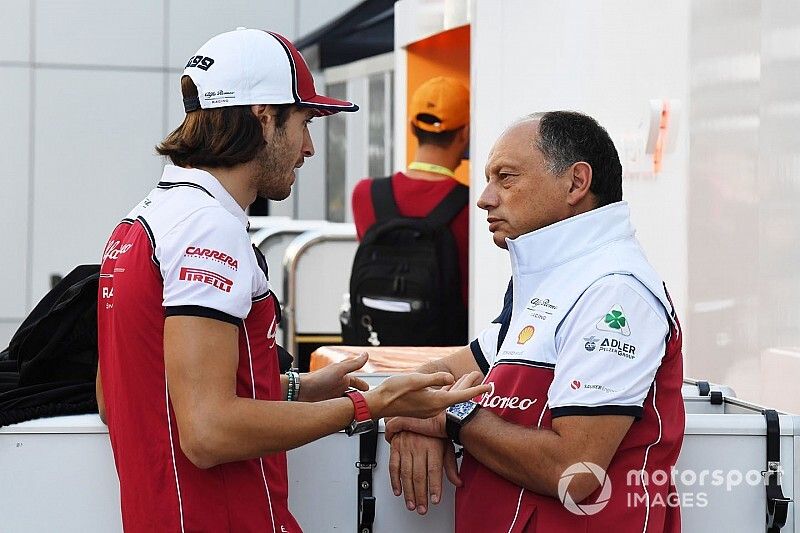 Antonio Giovinazzi, Alfa Romeo Racing, talks with Frederic Vasseur, Team Principal, Alfa Romeo Racing, in the paddock