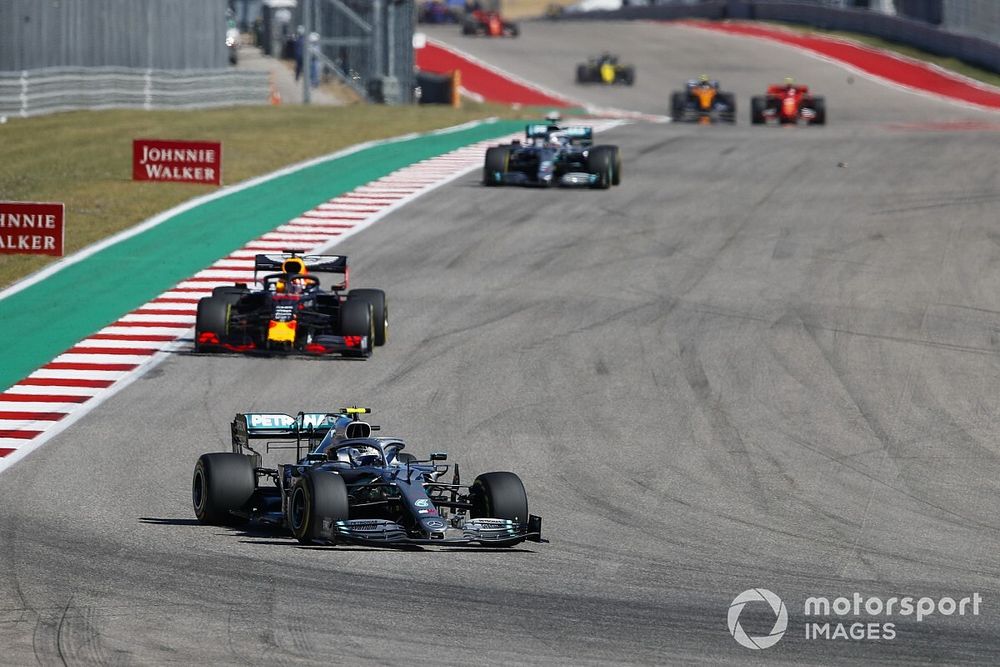 Valtteri Bottas, Mercedes AMG W10, leads Max Verstappen, Red Bull Racing RB15 and Lewis Hamilton, Mercedes AMG F1 W10 