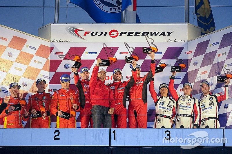 Podium GT: winners #5 DH Racing Ferrari 488 GT3: Stéphane Lemeret, Michele Rugolo, Mattieu Vaxiviere, second place #37 Team BBT Ferrari 488 GT3: Anthony Liu, Davide Rizzo, Alessandro Pier Guidi, third place #91 Team AAI BMW Z4 GT3: Junsan Chen, Philipp Eng, Ollie Millroy  