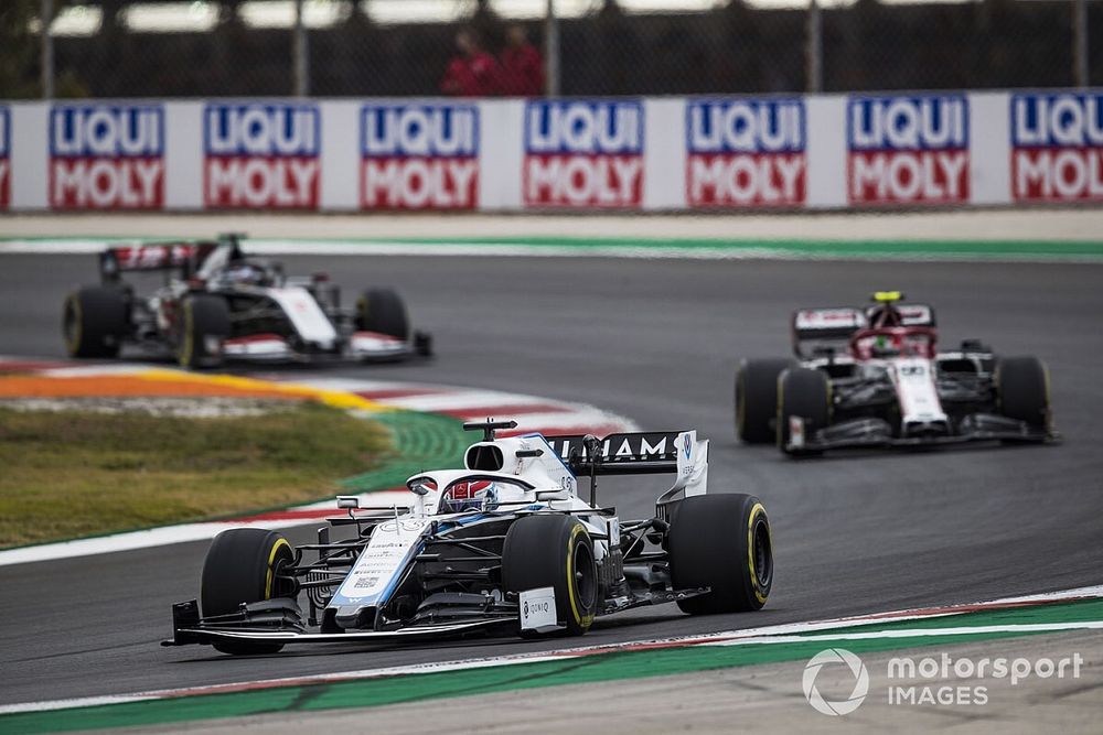 George Russell, Williams FW43, Antonio Giovinazzi, Alfa Romeo Racing C39, and Romain Grosjean, Haas VF-20